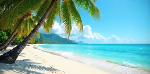 Serene beach scene with palm trees swaying in the gentle ocean breeze, coast, palm trees, serenity