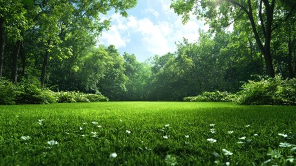Lush green forest clearing, sunlight, peaceful nature scene, ideal for eco-tourism