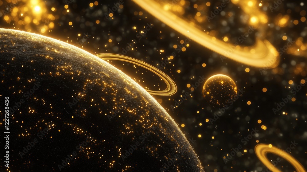 Poster cosmic view of golden - hued planets with rings and sparkling particles in space against a dark back