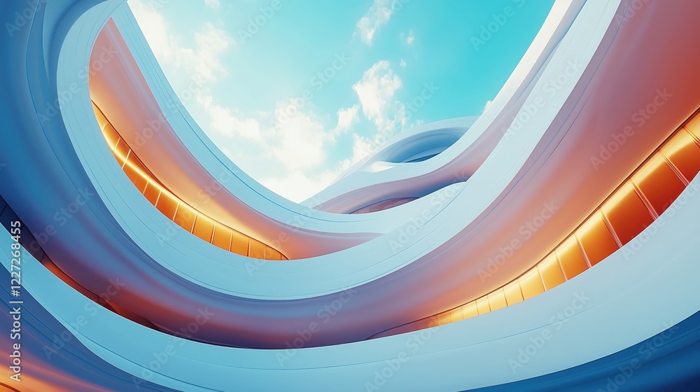 Poster abstract view of curving architectural structures in soft hues with a blue - sky and cloud backdrop.