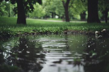 Fototapeta premium Raindrop Serenity: A Small Pond in a Park with Gently Falling Raindrops