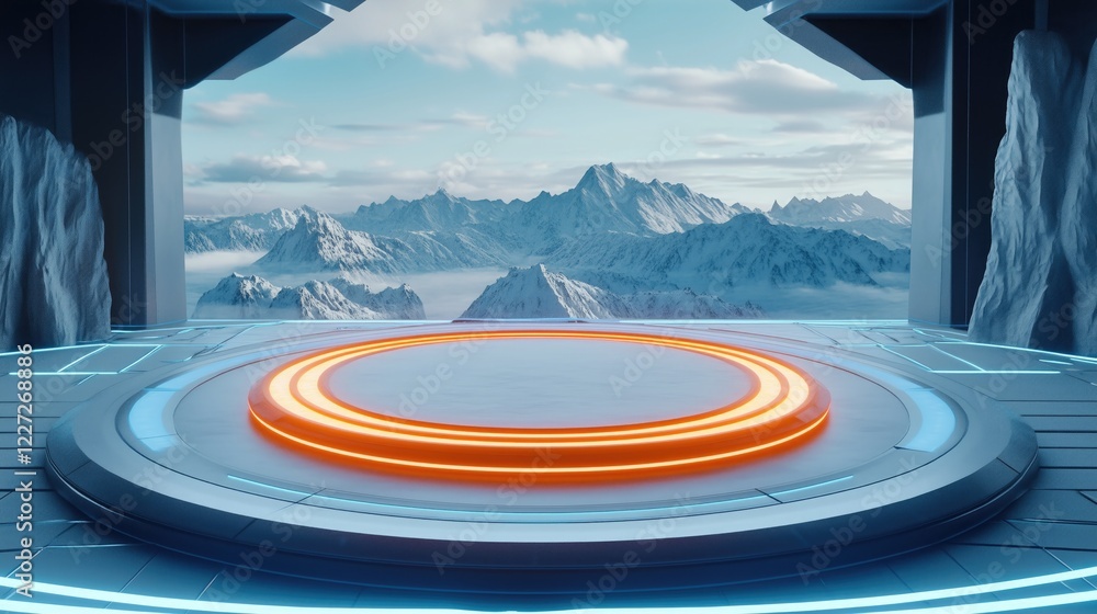 Poster futuristic circular platform with glowing orange rings, set against a backdrop of snowy mountains vi