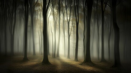 Tranquil forest bathed in soft sunlight, earthy tones blending harmoniously, evoking peace and natural serenity.