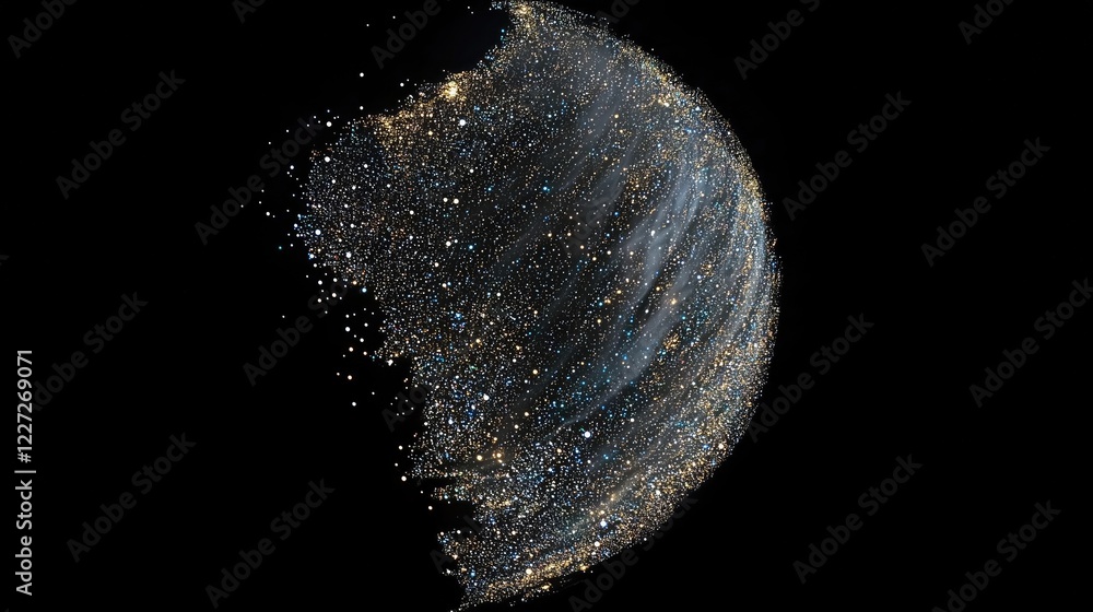 Poster abstract, spherical form composed of countless sparkling particles against a black background, resem