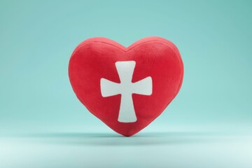 Obraz premium Red heart-shaped plush toy with a white cross, symbolizing faith and love.