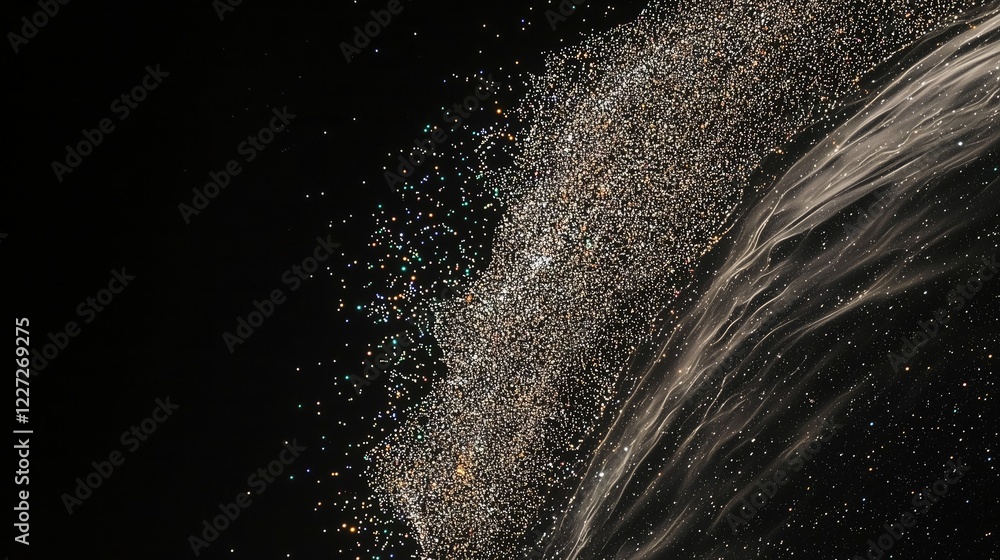 Poster abstract visual of countless sparkling particles and wispy lines against a black background, evoking