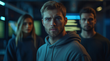 A group of three programmers, two men and one woman, wearing casual tech startup hoodies, standing in a dimly lit office with blurred computer screens full of code in the background