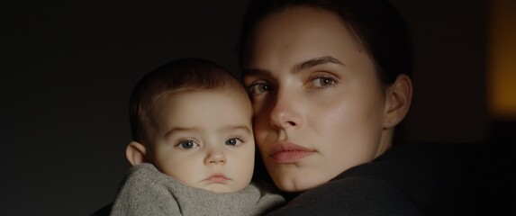 A woman is holding a baby in her arms. The baby is wearing a gray sweater. The woman has a serious expression on her face