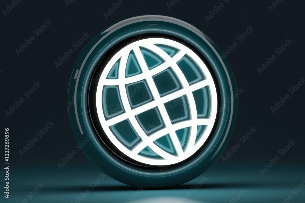 Poster a glowing teal globe icon on a dark background symbolizes global connection and internet access.