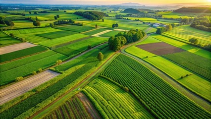 Fototapeta premium Aerial View Green Farmland Sunset Fields - Aerial Photography