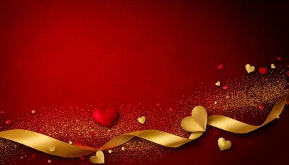 Gold Ribbon and Red Hearts on Deep Red Glittery Background