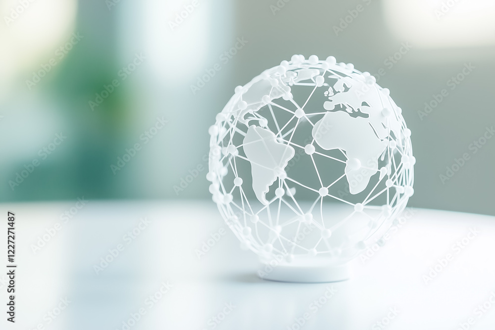 Poster a basic smartphone shape is subtly connected to a tiny globe icon on a smooth white surface, illumin