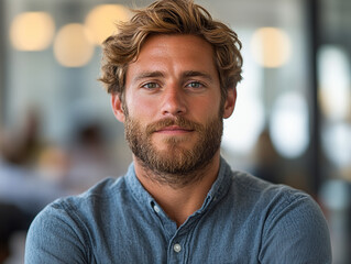 Obraz premium Confident Young Man in a Casual Shirt Posing Indoors Against Soft Background