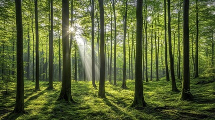 Obraz premium Tranquil forest bathed in soft sunlight, earthy tones blending harmoniously, evoking peace and natural serenity.