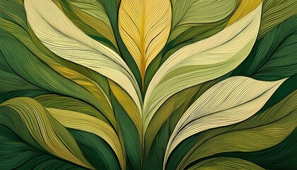 Green abstract wallpaper with trendy colors. Minimalist pattern with leaf-like forms in Matcha Green, Mocha Mousse. Generated image
