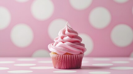 A pink frosted cupcake with a white swirl on top
