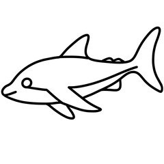 shark illustration. Coloring book page for adult. Underwater seabed with algae and corals, line art design and fish.