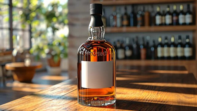 A beautifully crafted whiskey bottle on a wooden table in a cozy bar