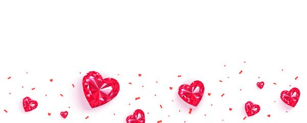Red diamond hearts on a white background. Greeting banner for Valentine's Day.
