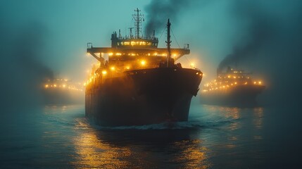 Obraz premium Night Cargo Ships Sailing in Foggy Waters