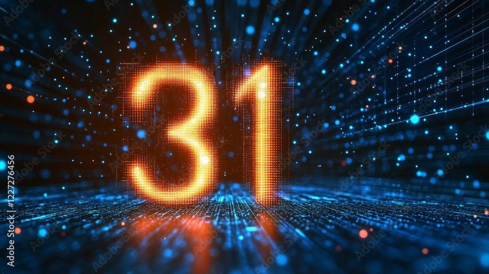 Aufkleber glowing digital number 31 in futuristic cyberspace background with technology particles and lines