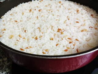 Traditional Turkish food; Roasted meat on rice (Turkish name; roasted meat on rice, sacrificial roast, rice with chickpeas and meat)