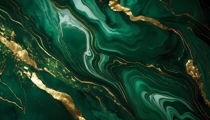 Abstract deep dark-green marble texture with gold splashes, emerald luxury background