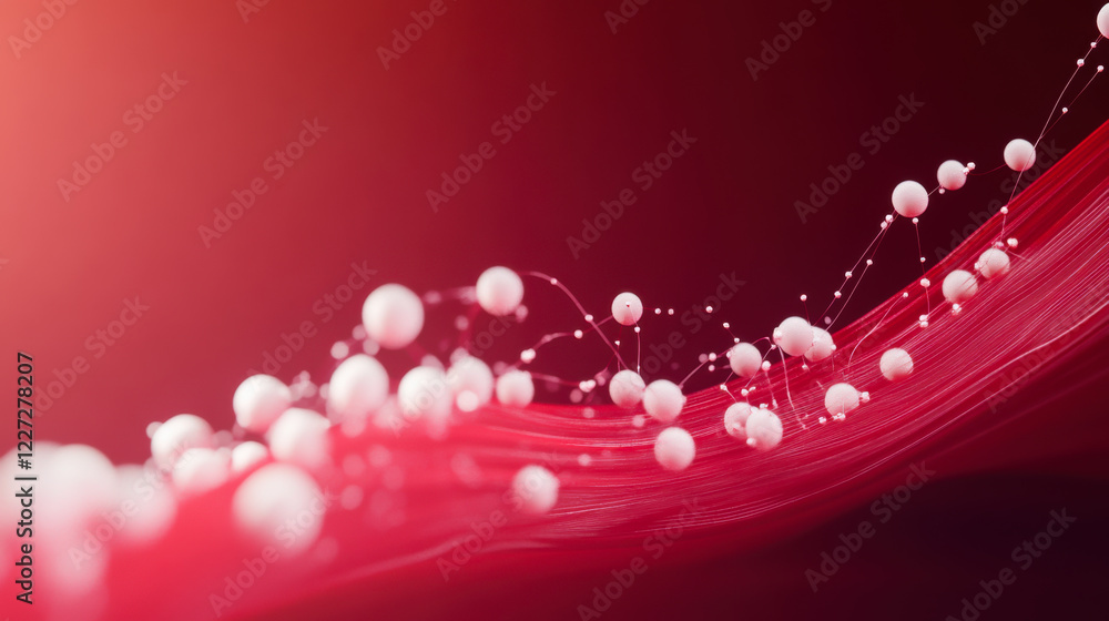 Poster flowing abstract representation of particles and waves in shades of red and white highlighting fluid