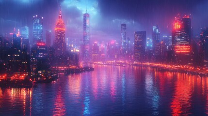 Fototapeta premium Neon Cityscape Nightscape: Rain-Kissed Metropolis