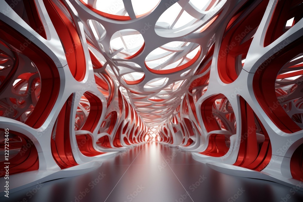 Poster empty futuristic corridor with red and white abstract walls extending towards a bright light