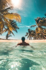 Fat man swimming in the sea with palm trees. Selective focus.
