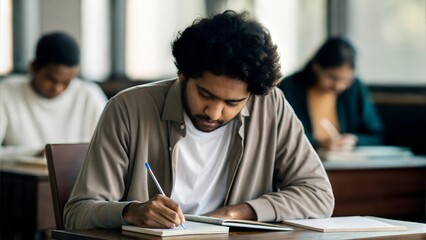 Indian Student Writing Notes – A female student focused on writing notes in a notebook during a lecture.
