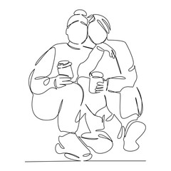 One continuous single drawing line art flat doodle friendship, woman, drinking, female, talking, adult, drink, cafe. Isolated image hand draw contour on a white background, hand drawn, not AI
