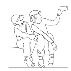 One continuous single drawing line art flat doodle friendship, mobile phone, selfie, communication, woman, outdoors. Isolated image hand draw contour on a white background, hand drawn, not AI