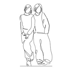 One continuous single drawing line art flat doodle friendship, two people, happiness, female friendship, togetherness, young. Isolated image hand draw contour on a white background, hand drawn, not AI