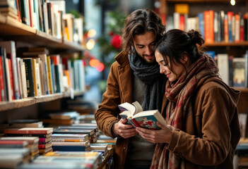 Couple enjoying a cozy moment while reading together in a charming bookstore filled with rows of books during a peaceful afternoon
