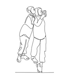 One continuous single drawing line art flat doodle islam, unity, young women, communication, photo, wireless technologies. Isolated image hand draw contour on a white background, hand drawn, not AI
