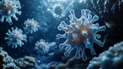 Blue and white virus cells illustration on dark background with soft shadows and sharp focus