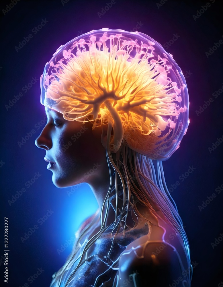 Poster woman showing brain activity and neural network in profile view