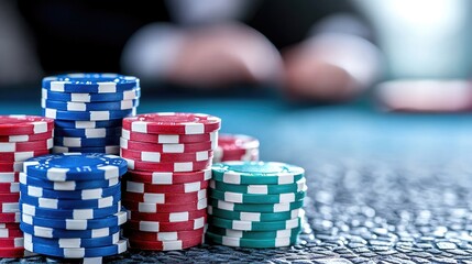 Naklejka premium Casino poker chips stack; player in background; gambling
