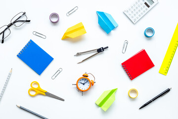 Creative pattern of school supplies and stationery, top view