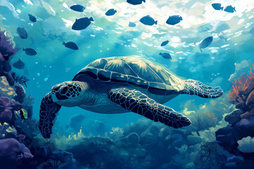 Obraz premium A Giant Sea Turtle Resting on the Ocean Floor with Coral Reefs in the Background