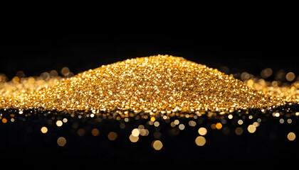 Golden glitter dust sparkles on a black background, symbolizing luxury and celebration of various festive events