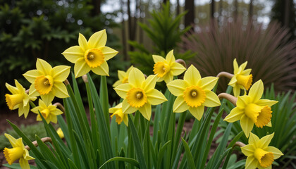 Obraz premium Bright yellow daffodils in full bloom surrounded by greenery in a serene garden setting
