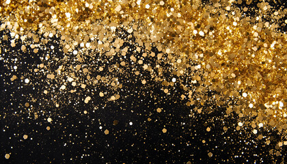 Golden glitter dust sparkles on a black background, symbolizing luxury and celebration of various festive events