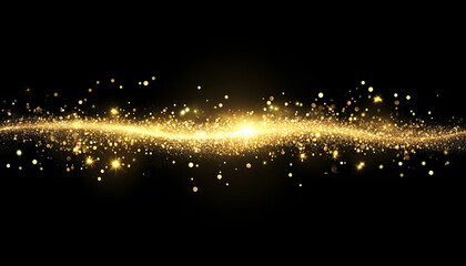 Golden glitter dust sparkles on a black background, symbolizing luxury and celebration of various festive events