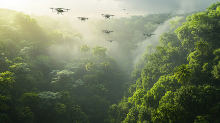 Obraz premium Drones flying over lush rainforest with sunlight streaming through trees