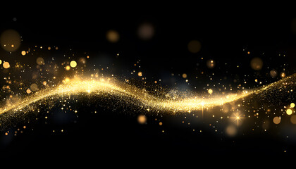 Golden glitter dust sparkles on a black background, symbolizing luxury and celebration of various festive events