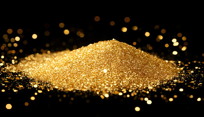 Golden glitter dust sparkles on a black background, symbolizing luxury and celebration of various festive events