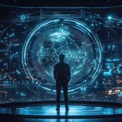 Fototapeta premium A man stands in front of a large screen that displays a globe